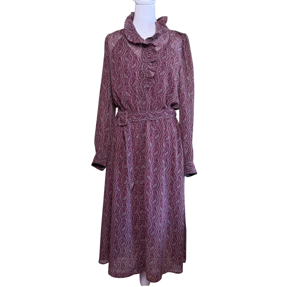 Banana Republic Paisley Midi Dress Womens Small Burgundy Ruffle Long Sleeve Belt
